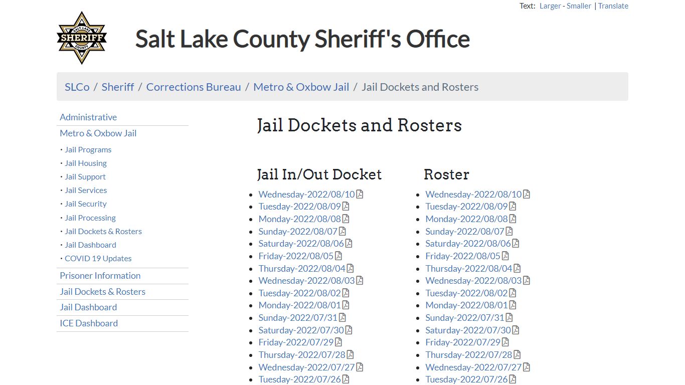 Jail Dockets and Rosters - Salt Lake County, Utah